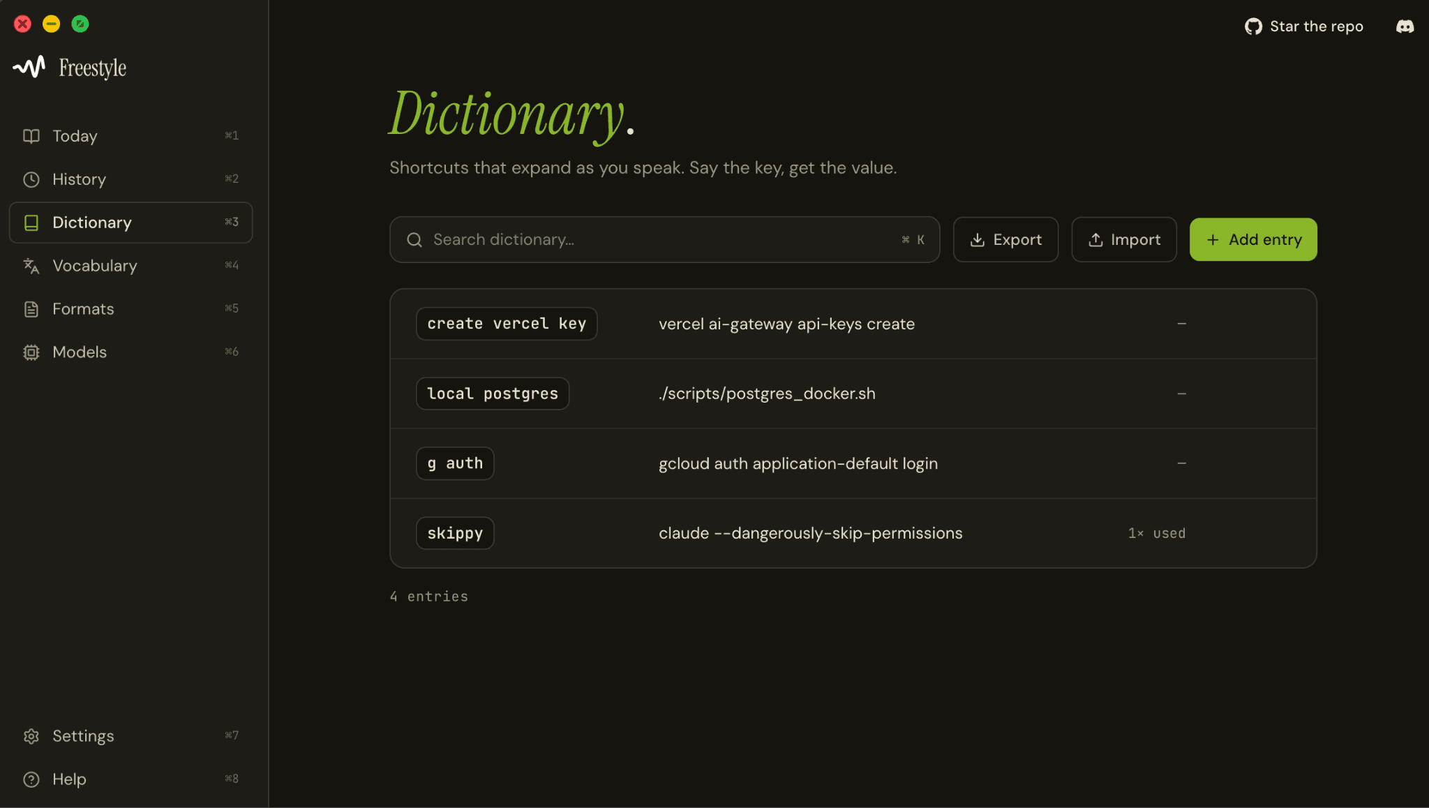 Setting up voice commands in Freestyle's dictionary — say the key, get the value.