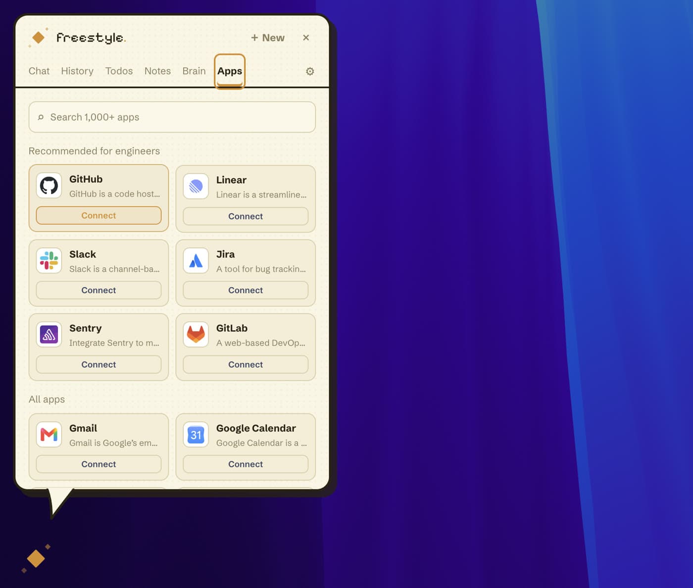 Connect GitHub from the Apps tab.