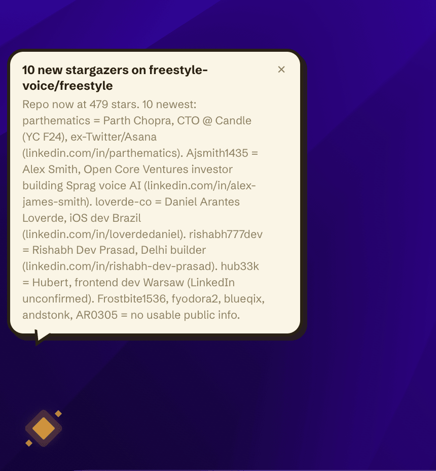 The morning desktop notification: the 10 newest stargazers, enriched.